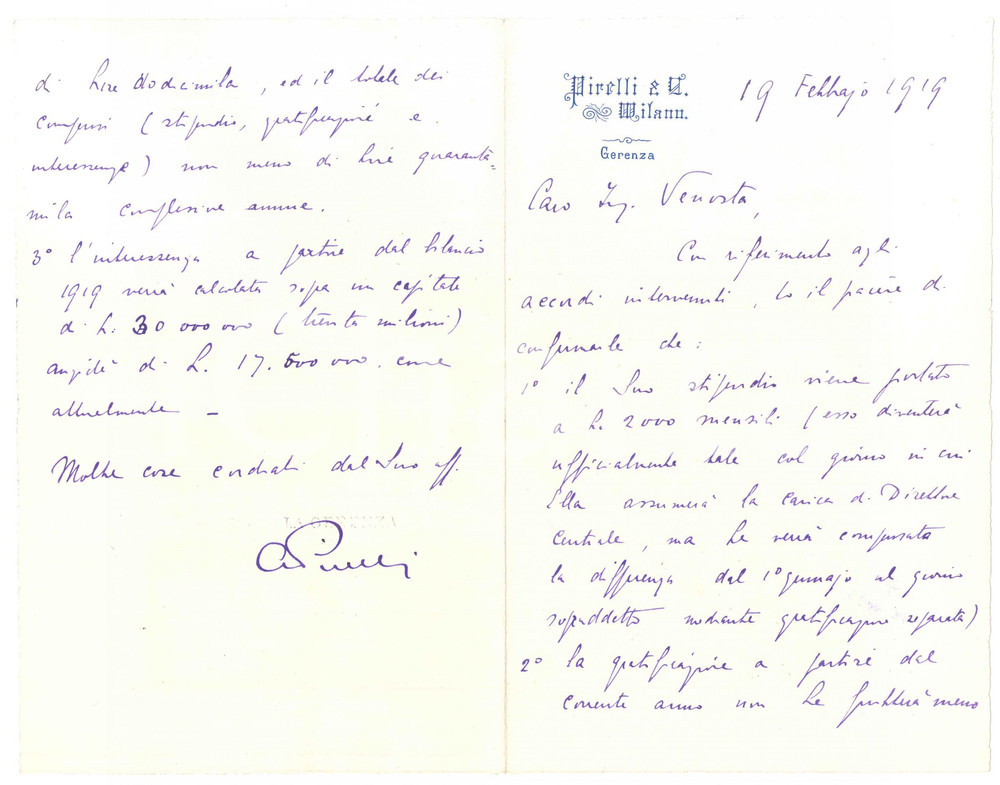 Autografo originale 1919 MILANO Lettera Alberto PIRELLI su contratto di un dipendente AUTOGRAFO 1