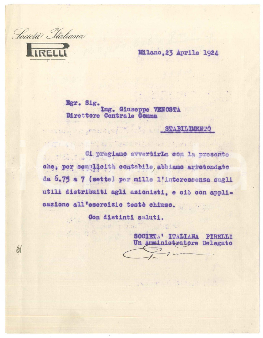 Autografo originale 1924 MILANO  Autografo Giovanni Battista PIRELLI  Lettera su utili azionisti 1