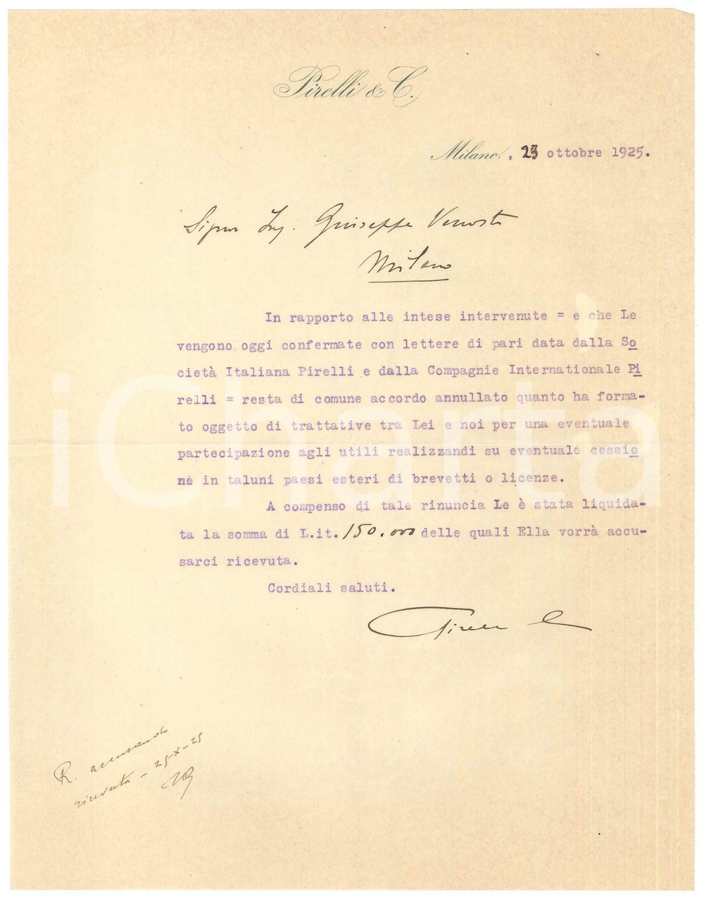 Autografo originale 1925 MILANO  Autografo Giovanni Battista PIRELLI  Lettera utili ing. Venosta 1