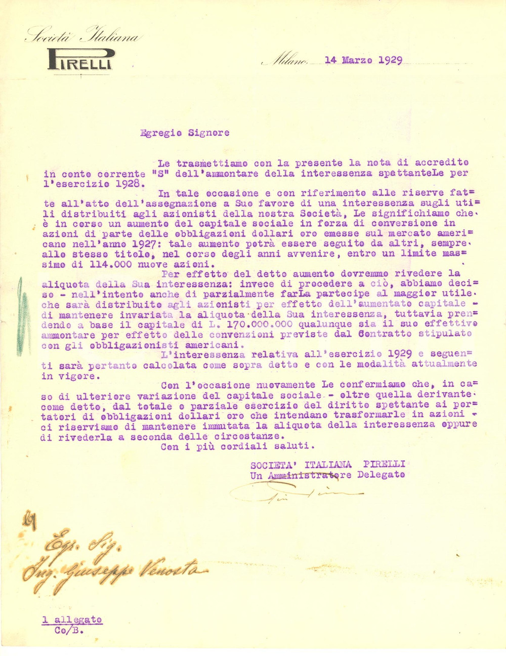 Autografo originale 1929 MILANO  Autografo Giovanni Battista PIRELLI  Lettera su utili dipendenti 1