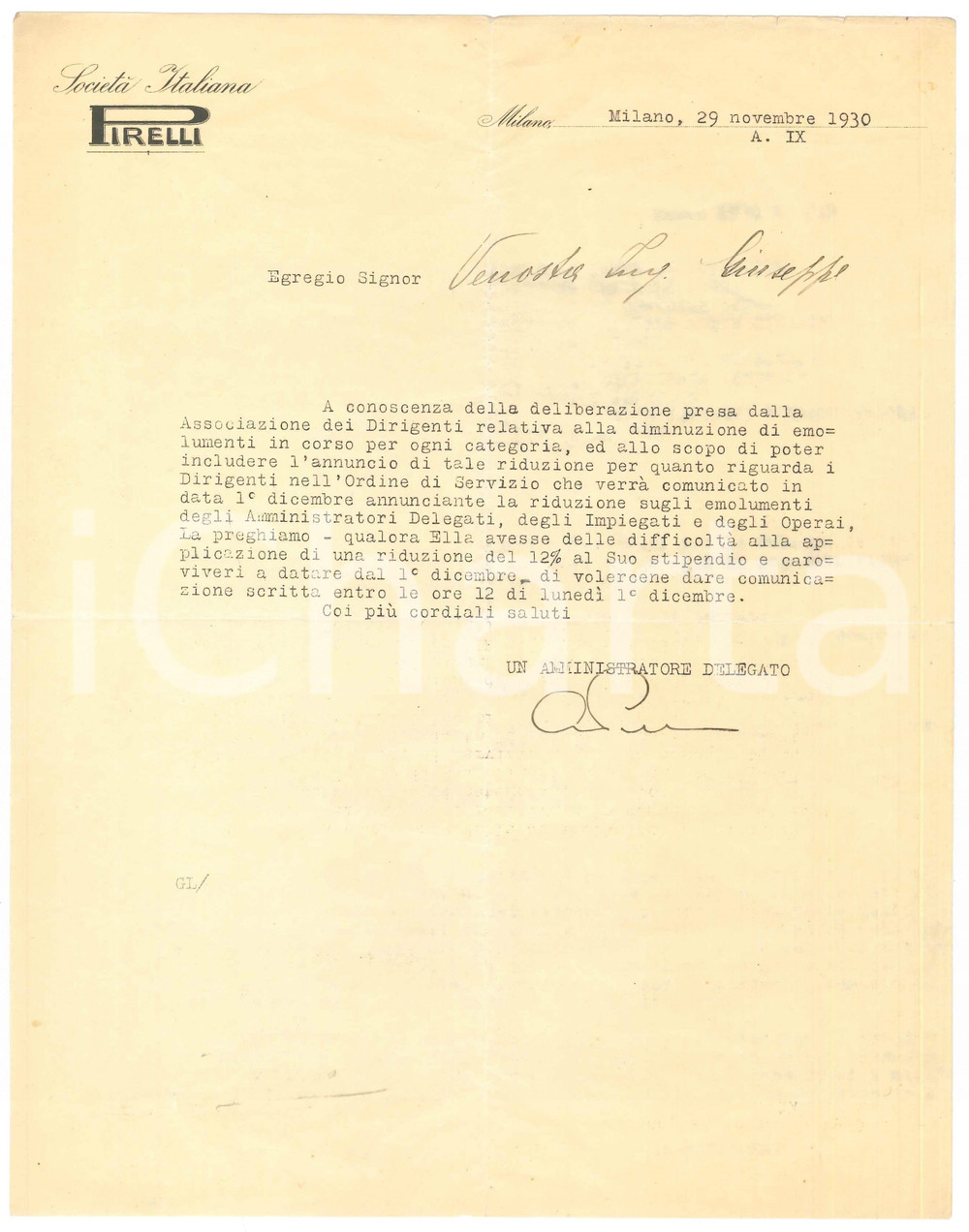 Autografo originale 1930 MILANO Lettera Alberto PIRELLI su riduzione emolumenti AUTOGRAFO 1