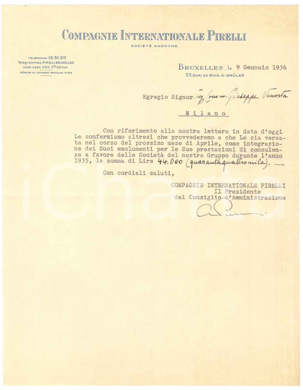 Autografo originale 1936 BRUXELLES Alberto PIRELLI  Compagnie Internationale Pirelli AUTOGRAFO 1