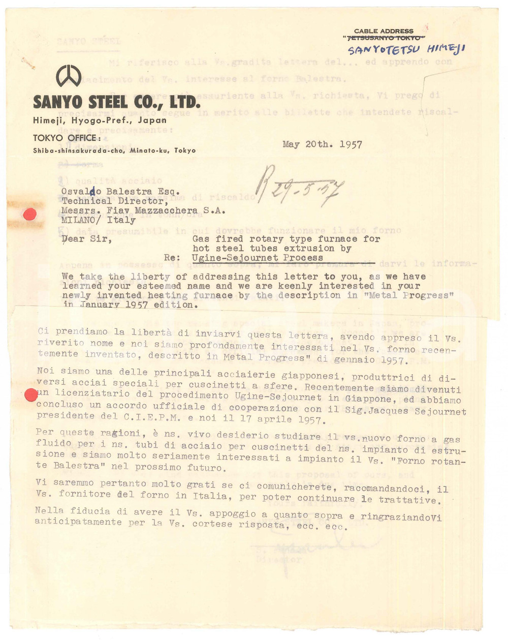 Manoscritto, lettera originale 1957 TOKYO JAPAN  SANYO STEEL  Lettera per acquisto forno 1