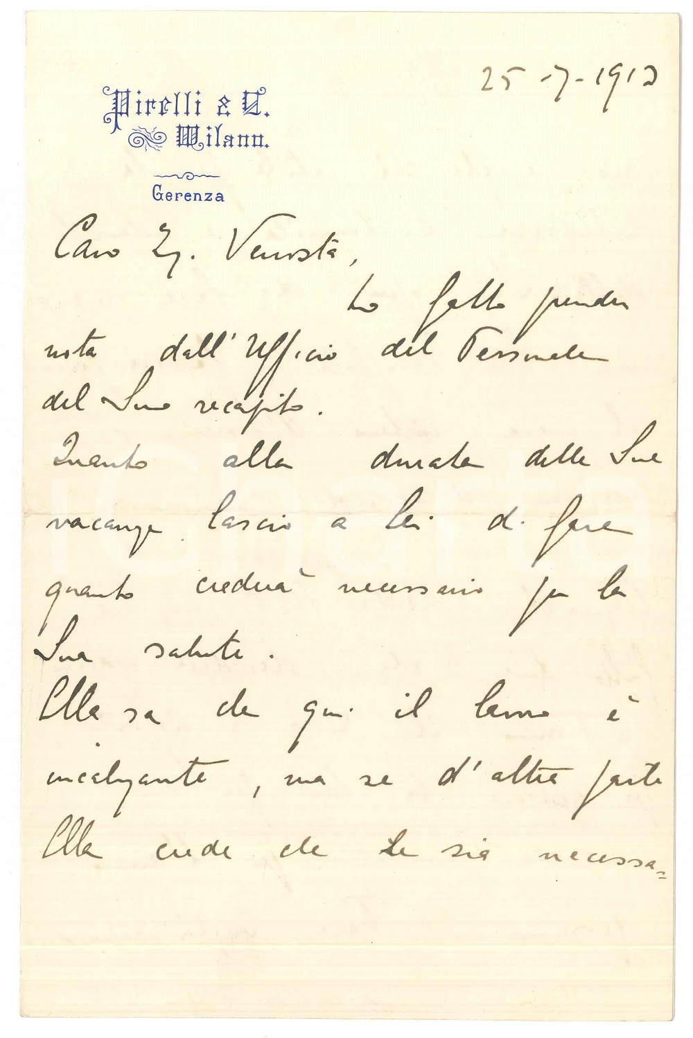 Autografo originale 1913 MILANO Alberto PIRELLI in contatto con AGNELLI per la FIAT AUTOGRAFO 1