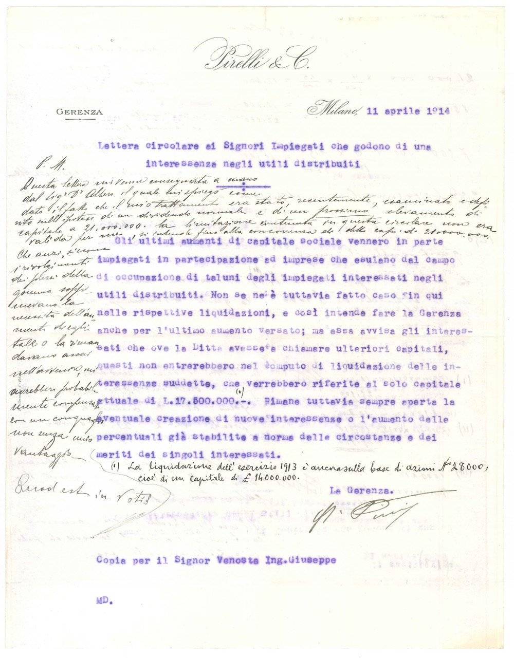 1914 MILANO - Autografo Giovanni Battista PIRELLI su circolare per impiegati