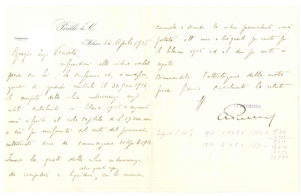 Autografo originale 1915 MILANO Lettera Alberto PIRELLI su spettanze ing. Venosta AUTOGRAFO 1