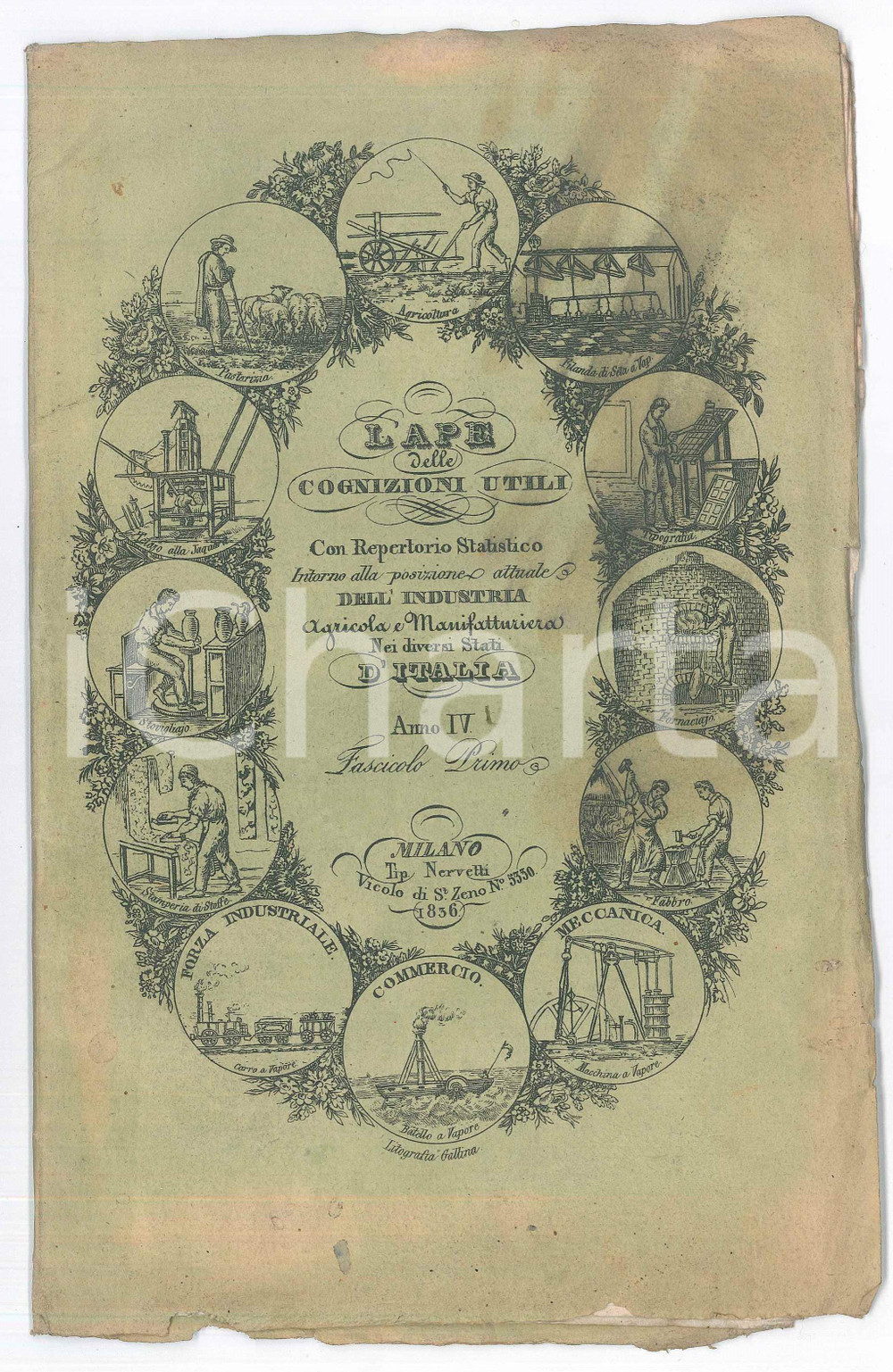 Libro, pubblicazione d epoca 1836 L Ape delle Cognizioni Utili  Industria Agricola e Manifatturiera Fasc. I 1