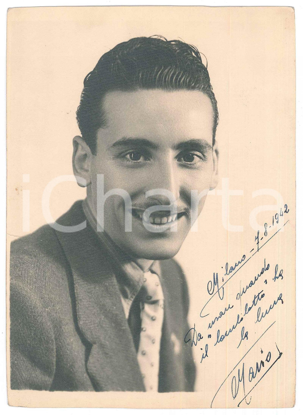 Fotografia d epoca originale 1942 MILANO Ritratto di Mario ANGIOLINI  JOLLY CLUB 2 Foto AUTOGRAFO 13x18 cm 1