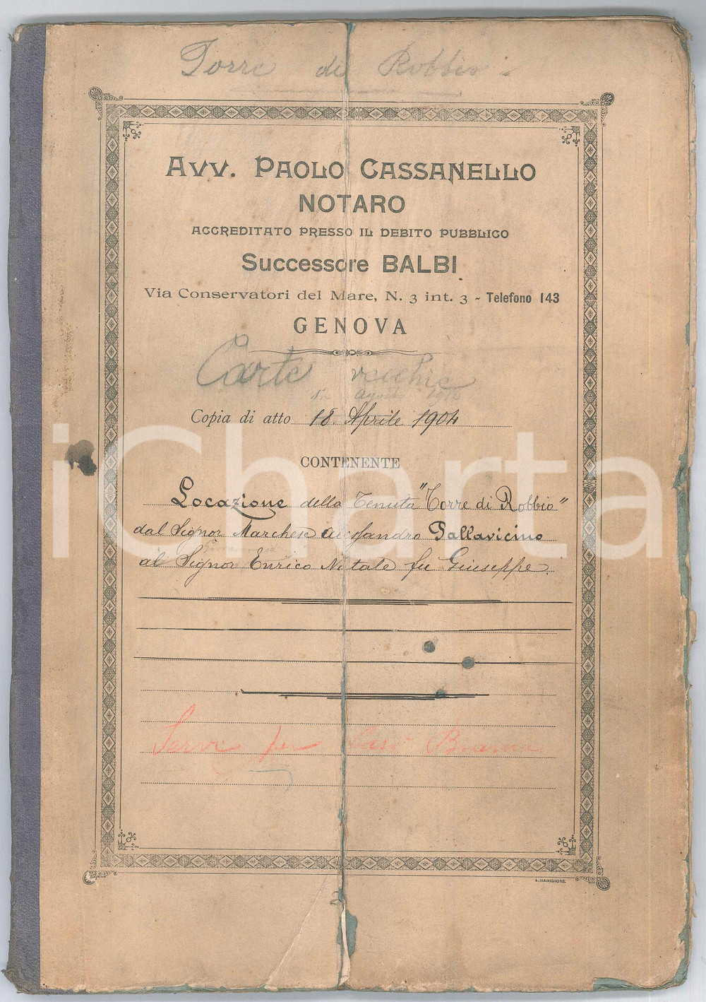 Documento originale, autentico 1904 TORRE DI ROBBIO Locazione tenuta marchese PALLAVICINO Manoscritto 100 pp. 1