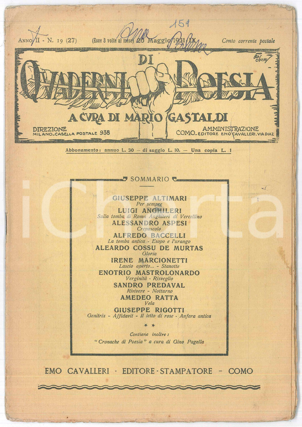 Giornale, rivista storica 1931 QUADERNI DI POESIA Giuseppe ALTIMARI Luigi ANGHILERI Rivista anno II nÂ°19 1