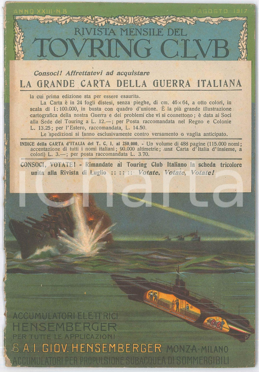Giornale, rivista storica Agosto 1917 TOURING CLUB ITALIANO Oro alla Patria  Castell Arquato Rivista n°8 1