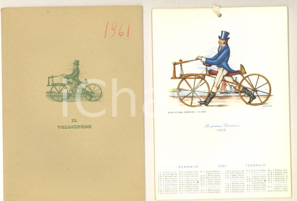 Oggetto da collezione cartaceo 1961 MILANO Casa MAMMA DOMENICA Calendario Il velocipede ILLUSTRATO 1