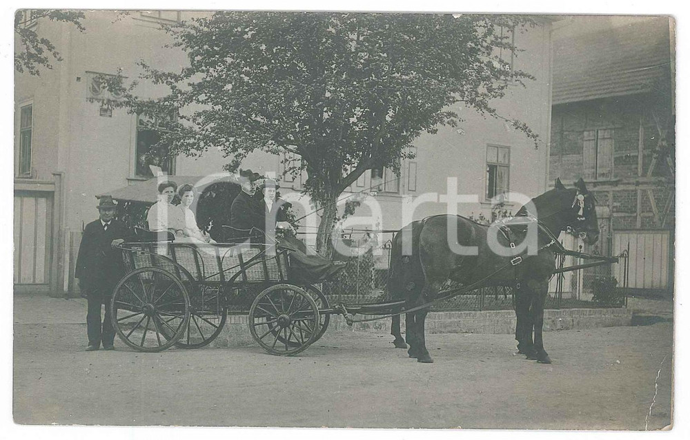 Fotografia d epoca originale 1909 NEUDIETENDORF D Famiglia in calesse  Foto cartolina 14x9 cm 1