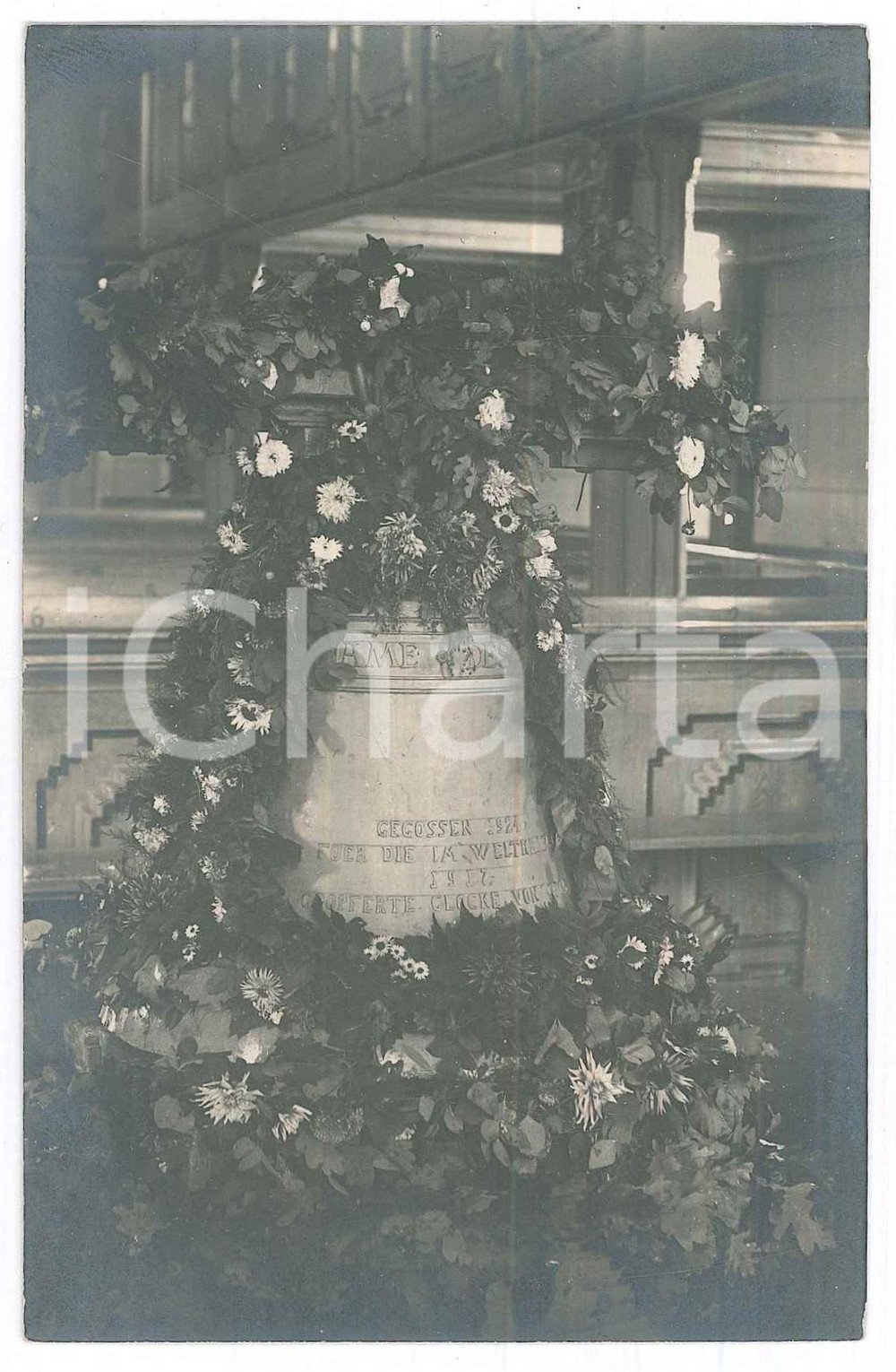 Fotografia d epoca originale 1924 GERMANY Bell with motto  Flowers Photo postcard 9x14 cm 1