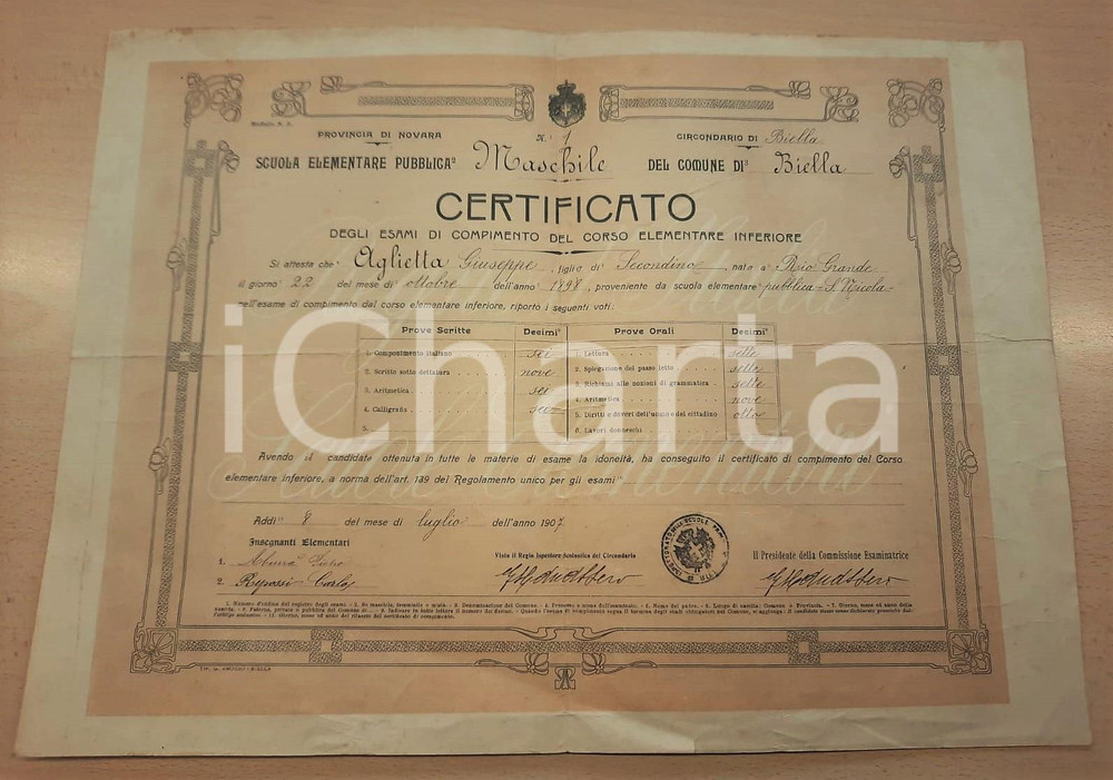Oggetto da collezione cartaceo 1907 BIELLA Scuola Elementare SAN NICOLA  Certificato Giuseppe AGLIETTA 1
