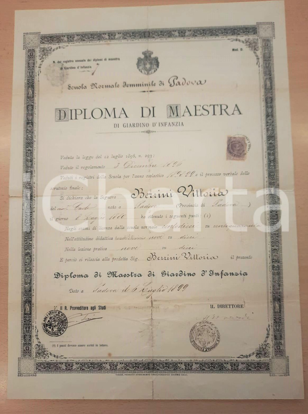 Documento originale, autentico 1899 PADOVA Scuola Normale Femminile  Diploma maestra Vittoria BERRINI 1