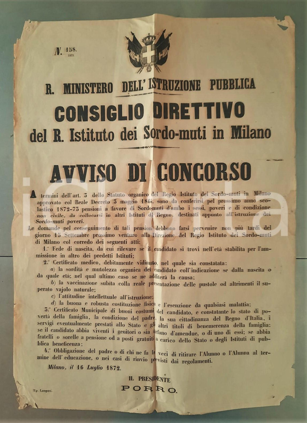 Documento originale, autentico 1872 MILANO Istituto dei Sordomuti  Concorso pensioni per sordomuti poveri 1