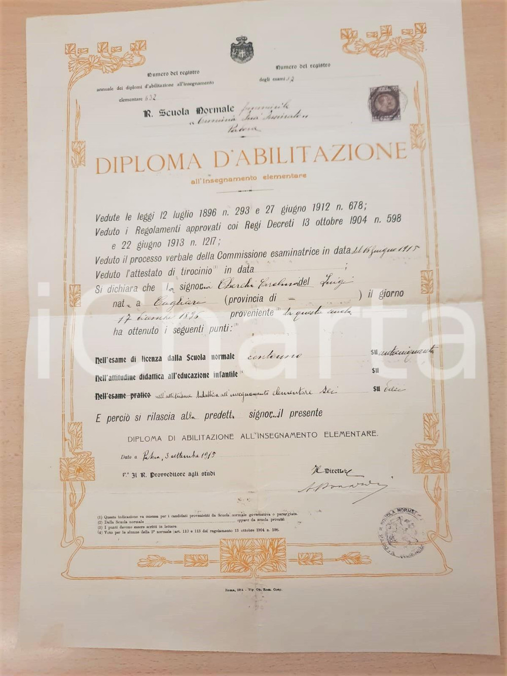 Documento originale, autentico 1915 PADOVA Scuola Normale Femminile  Diploma maestra Carolina CHERCHI 1