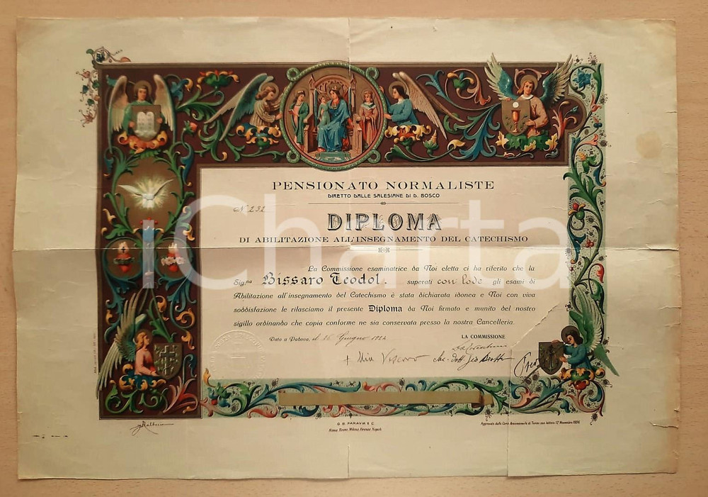 Oggetto da collezione cartaceo 1924 PADOVA Pensionato Normaliste  Diploma Teodolinda BISSATO catechismo 1