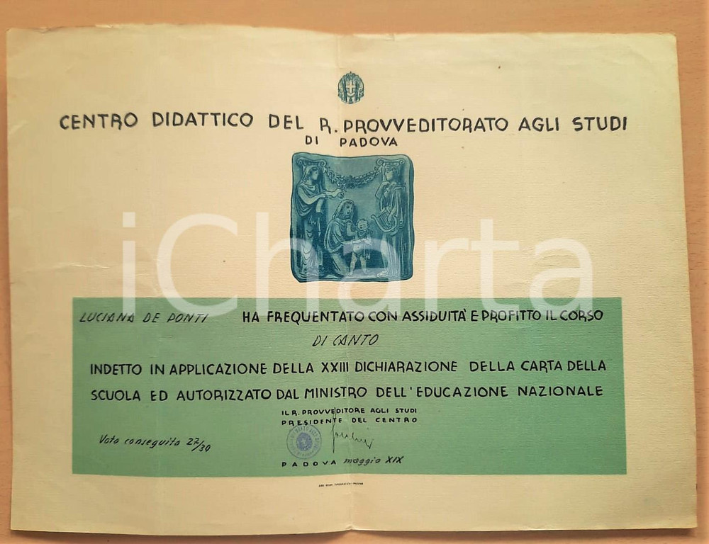 Oggetto da collezione cartaceo 1941 PADOVA Provveditorato agli Studi  Attestato Corso di canto 1