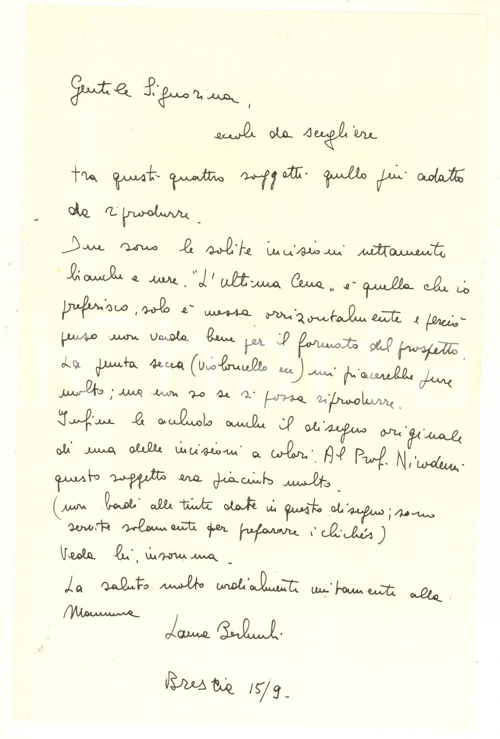 Autografo originale 1985 ARTE BRESCIA Laura BERLUCCHI  Incisioni per mostra Lettera AUTOGRAFA 1