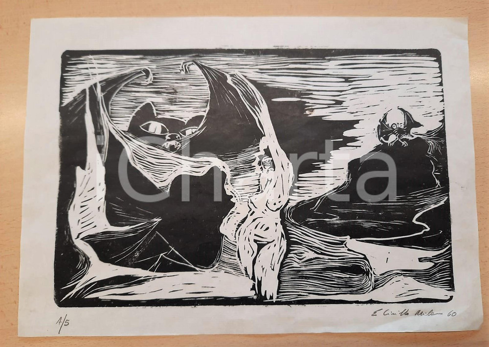 Opera d’arte autentica 1960 ARTE MILANO Edmondo CIRILLO  Donna e mostri  Incisione 36x25 cm 1