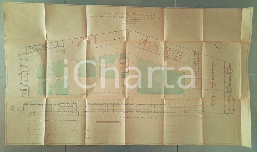 Mappa, planimetria storica 1930 ca GARLASCO PV Cascina Reale  Planimetria col piano di riforma 130x74 1