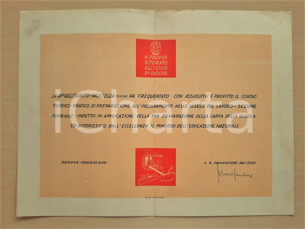 Oggetto da collezione cartaceo 1940 PADOVA Attestato di abilitazione all Insegnamento nelle scuole del lavoro 1