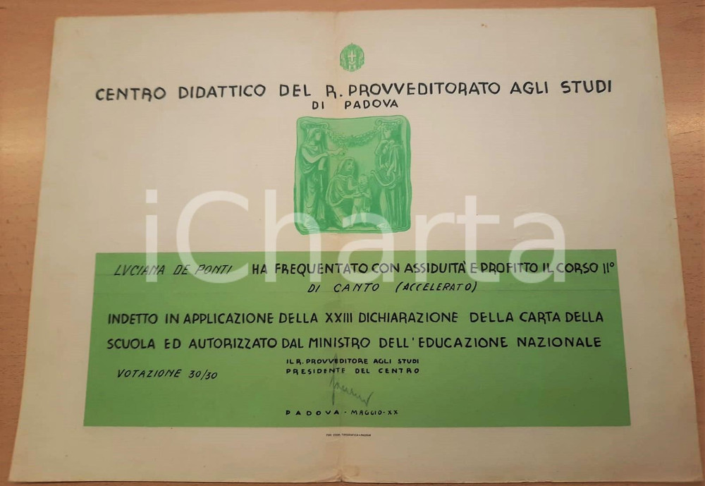 Oggetto da collezione cartaceo 1942 PADOVA Provveditorato agli Studi  Attestato Luciana DE PONTI Corso canto 1