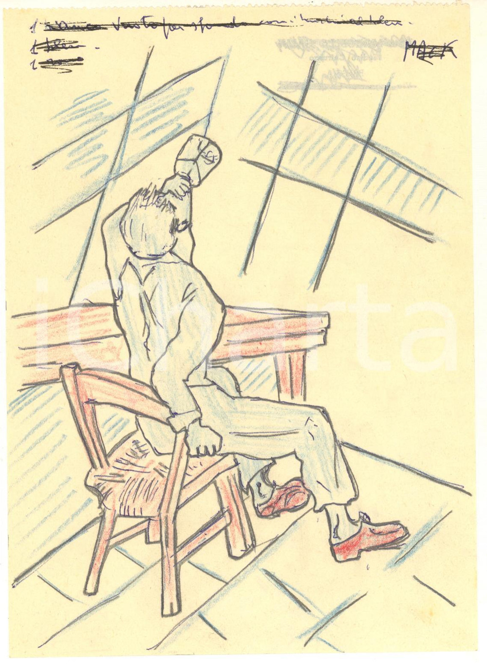 Opera d’arte autentica 1960 ca ARTE Ritratto di ubriaco  Disegno originale matita 14x19 cm 1