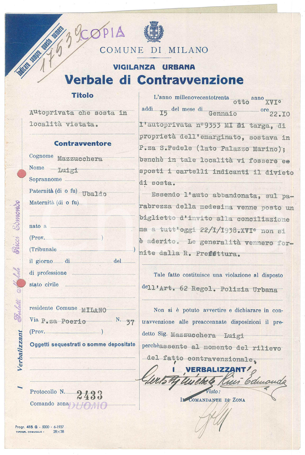 Documento originale, autentico 1938 MILANO Verbale di contravvenzione per sosta vietata in Piazza San Fedele 1