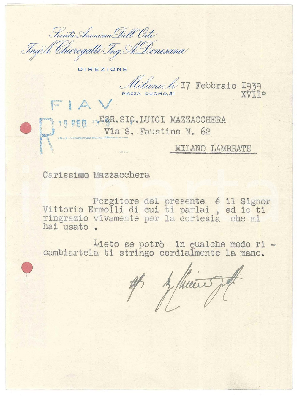 Autografo originale 1939 MILANO Lettera ing. Appio CHIEREGATTI per ringraziamento Autografo 1