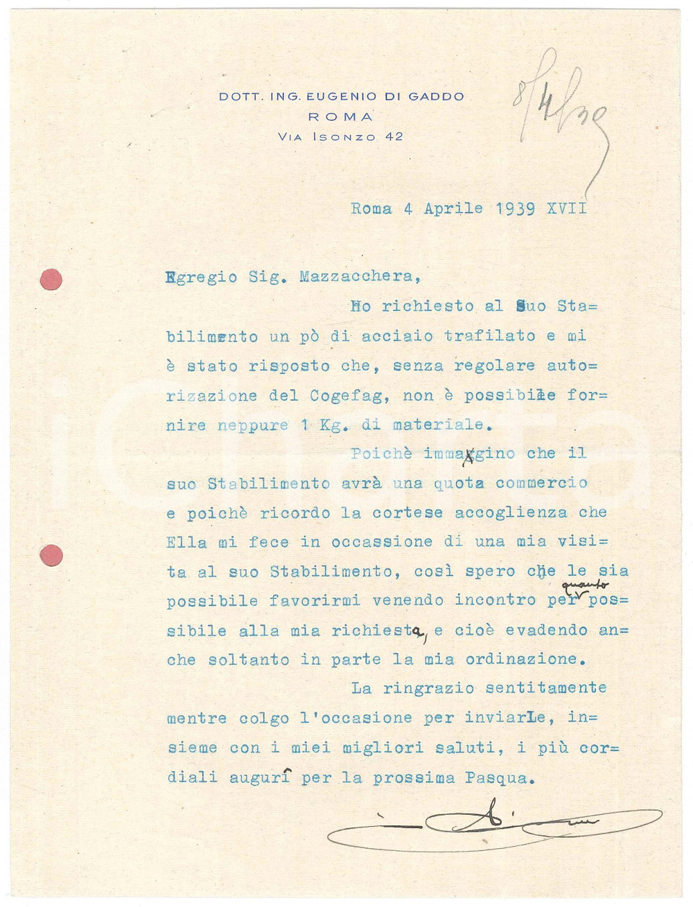 Autografo originale 1939 ROMA Lettera ing. Eugenio DI GADDO per acciaio trafilato Autografo 1