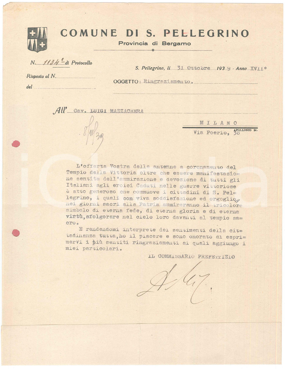 Documento originale, autentico 1939 SAN PELLEGRINO TERME  Lettera ringraziamento commissario prefettizio 1