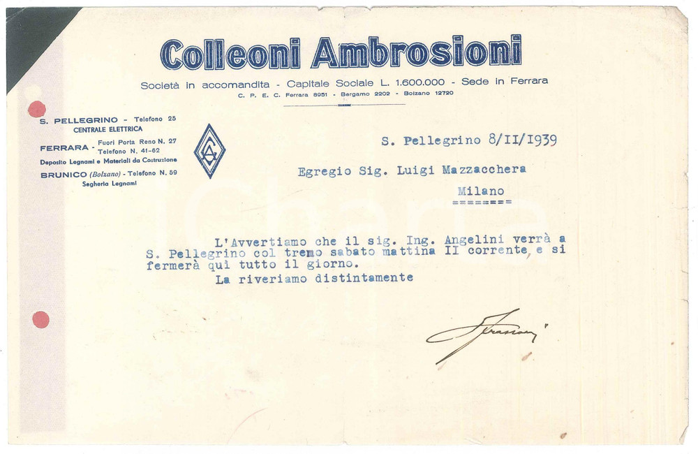 Manoscritto, lettera originale 1939 SAN PELLEGRINO TERME  Ditta COLLEONI AMBROSIONI  Lettera commerciale 1