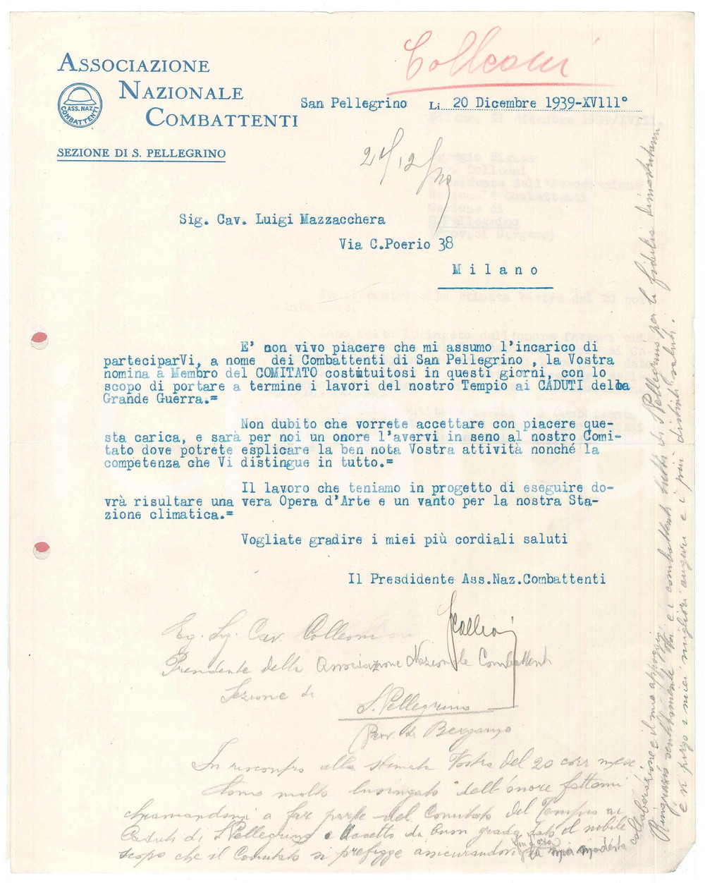 Documento originale, autentico 1939 ANC SAN PELLEGRINO TERME  Lettera cav. COLLEONI per Tempio Caduti 1
