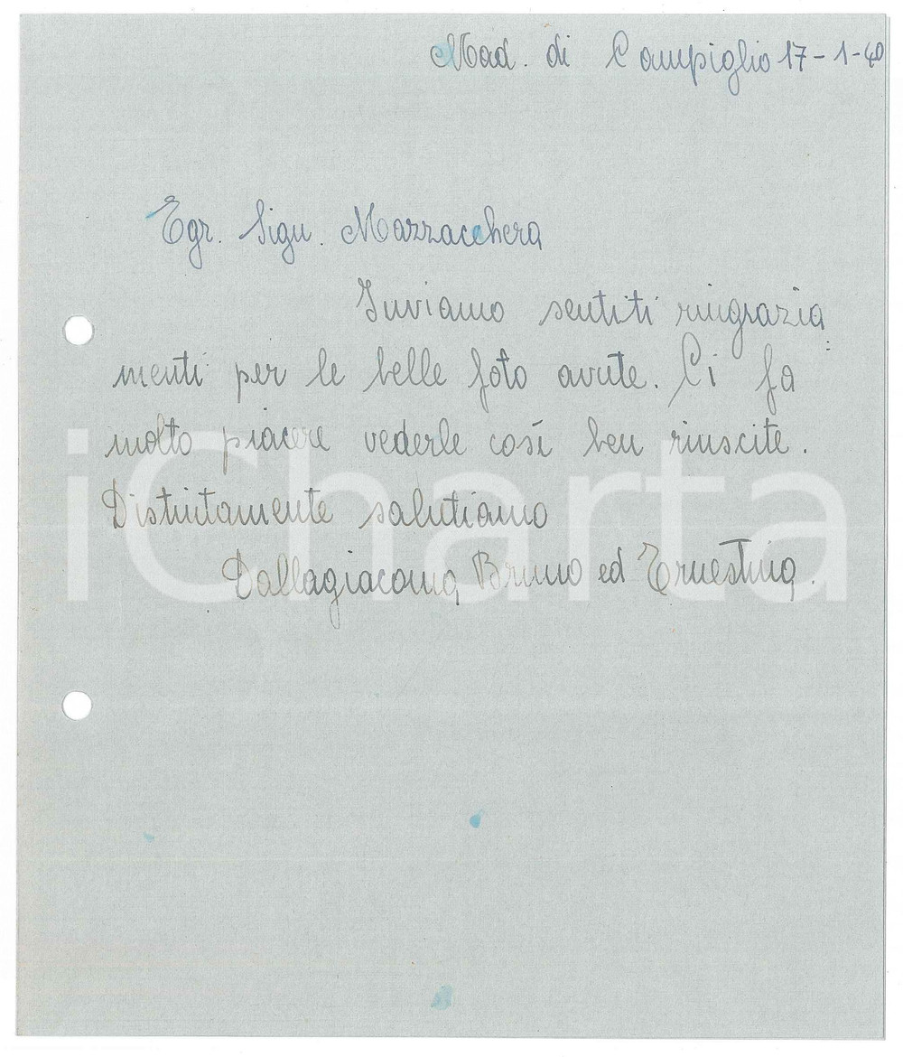 Autografo originale 1940 MADONNA DI CAMPIGLIO  Lettera Bruno ed Ernestina DALLAGIACOMA 1