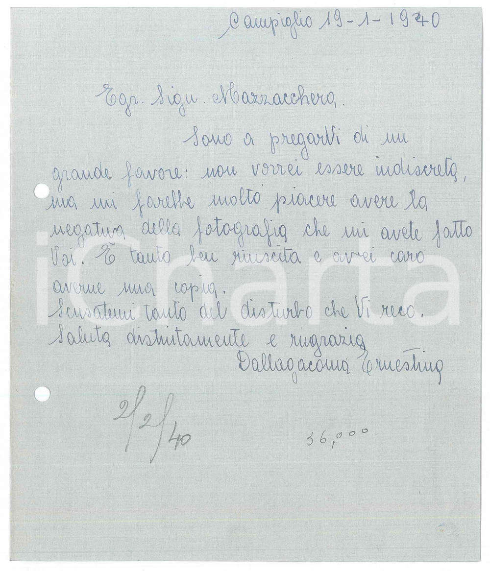 Autografo originale 1940 MADONNA DI CAMPIGLIO  Lettera Ernestina DALLAGIACOMA per foto Autografo 1