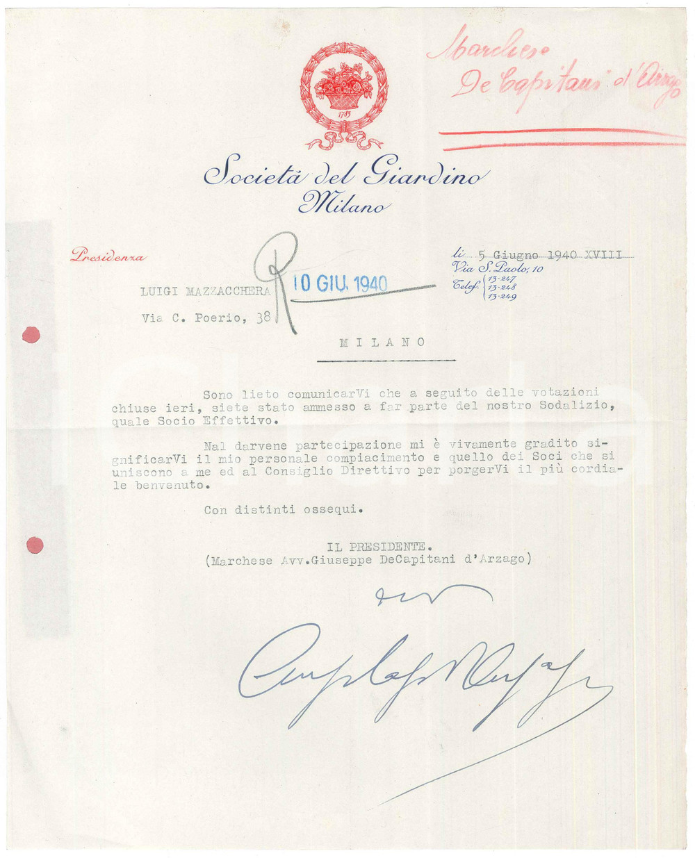 Autografo originale 1940 MILANO Società del Giardino  Lettera Giuseppe DE CAPITANI D ARZAGO 1