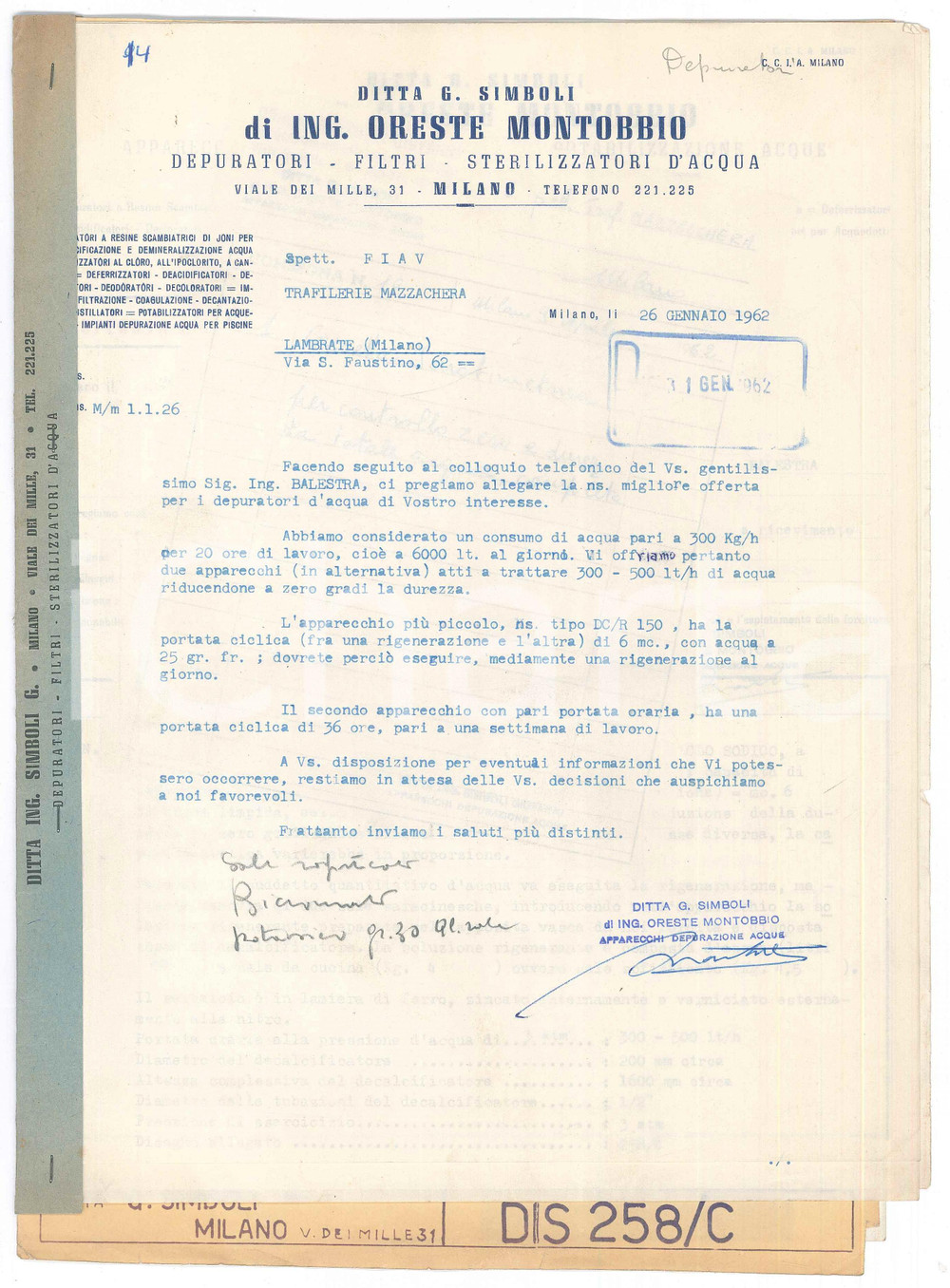 Documento originale, autentico 1962 MILANO Ditta G. Simboli di Oreste MONTOBBIO Preventivo depuratori d acqua 1