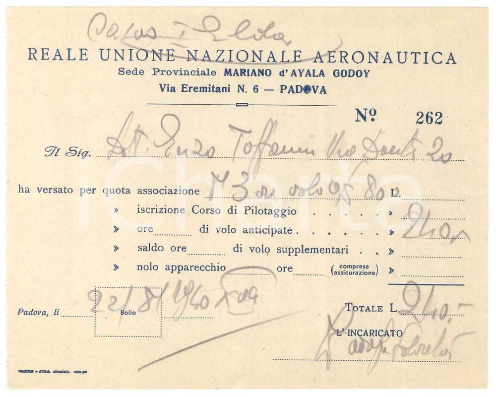 Documento originale, autentico 1940 PADOVA Reale Unione Nazionale Aeronautica  Ricevuta per corso pilotaggio 1