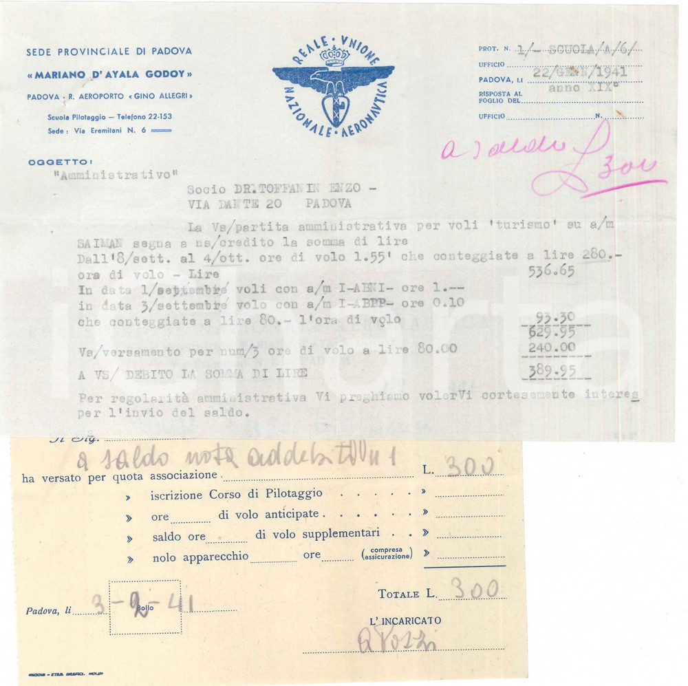 Documento originale, autentico 1941 PADOVA Reale Unione Nazionale Aeronautica  Lettera e ricevuta iscrizione 1