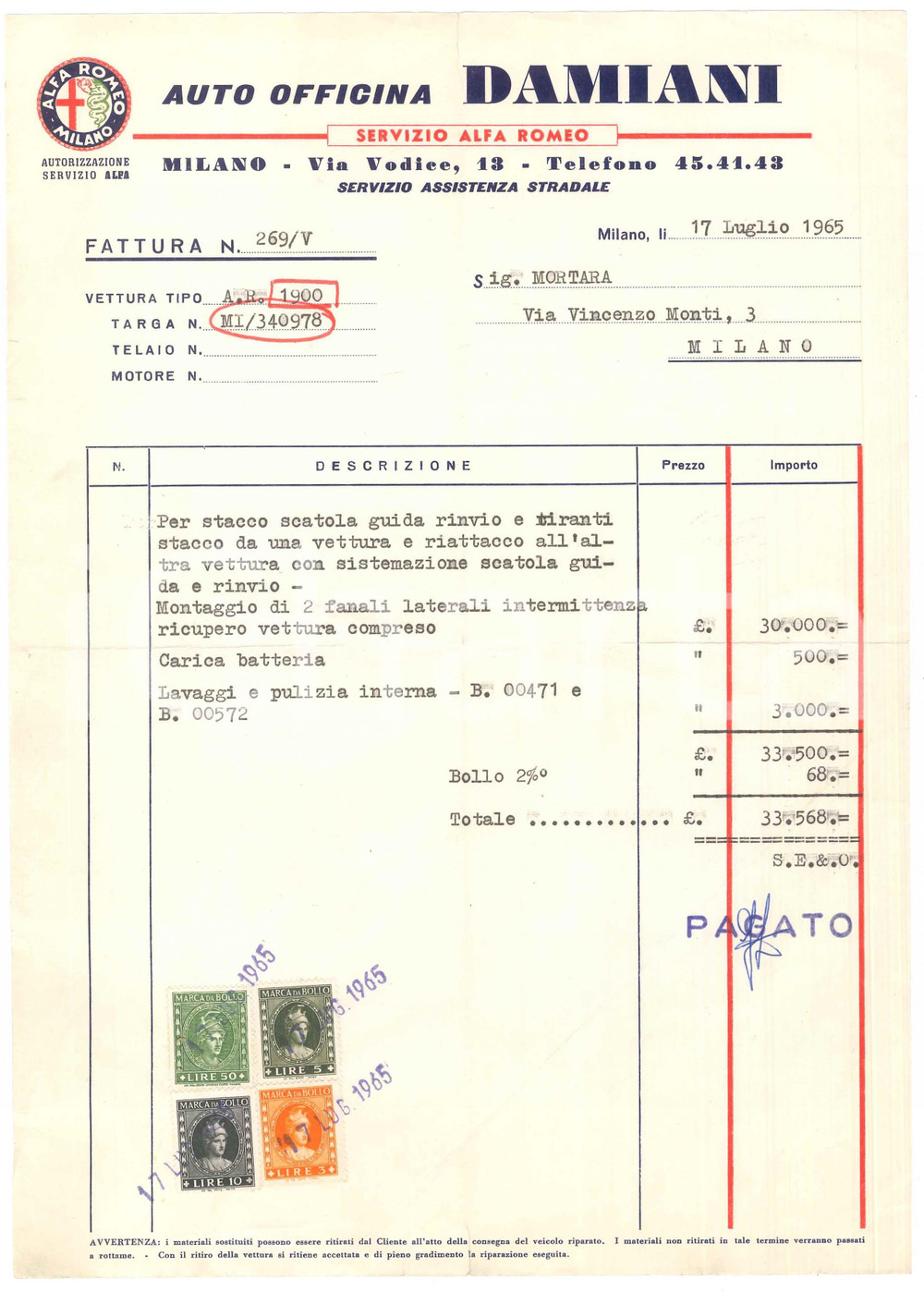 Documento originale, autentico 1965 MILANO Auto officina DAMIANI Fattura manutenzione ALFA ROMEO 1900  21x29 1