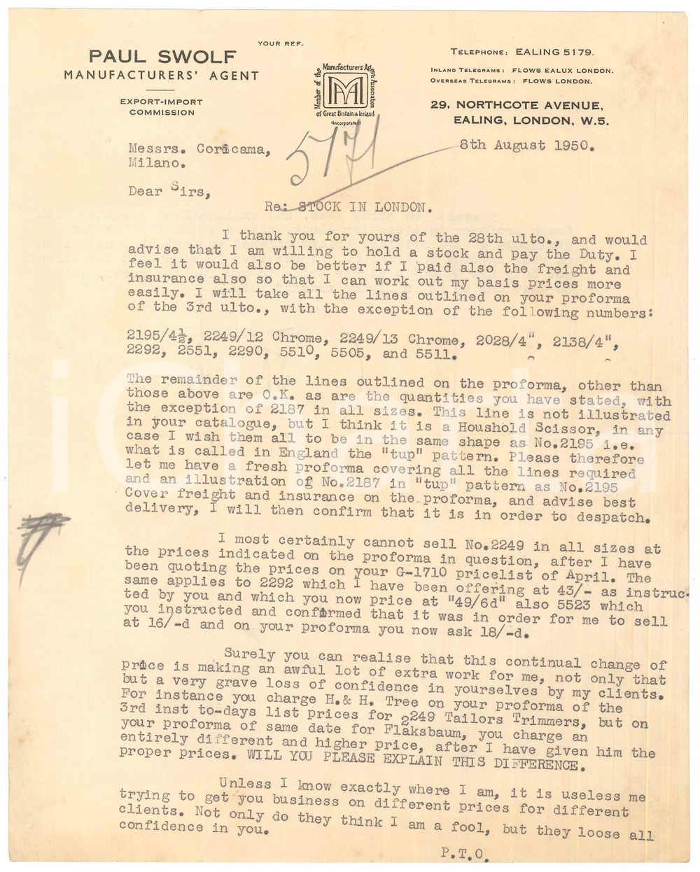 Documento originale, autentico 1950 LONDON Paul SWOLF Manufacturers  agent  Lettera per prodotti CORICAMA 1
