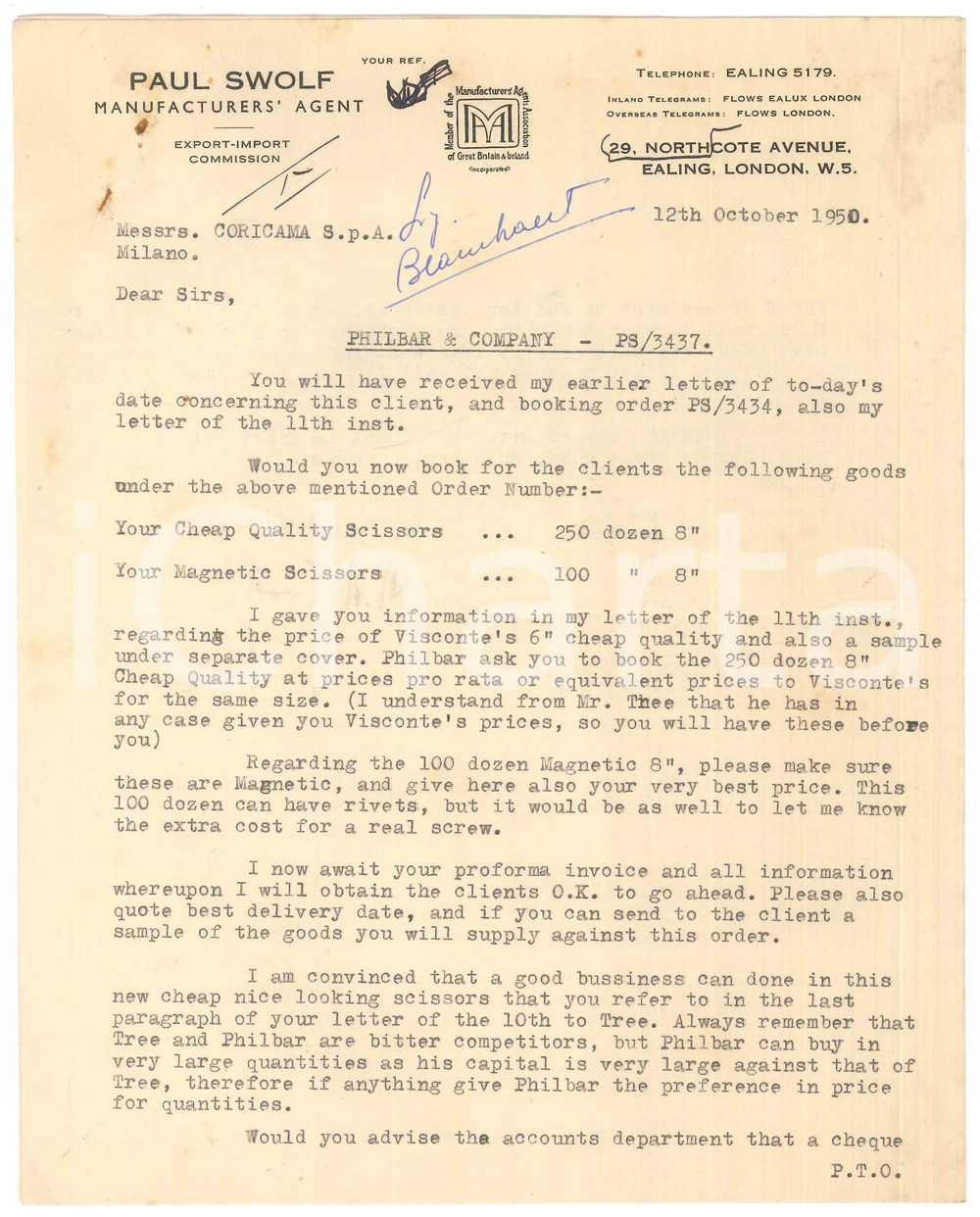 Documento originale, autentico 1950 LONDON Paul SWOLF Manufacturers  agent  Lettera per forbici CORICAMA 1