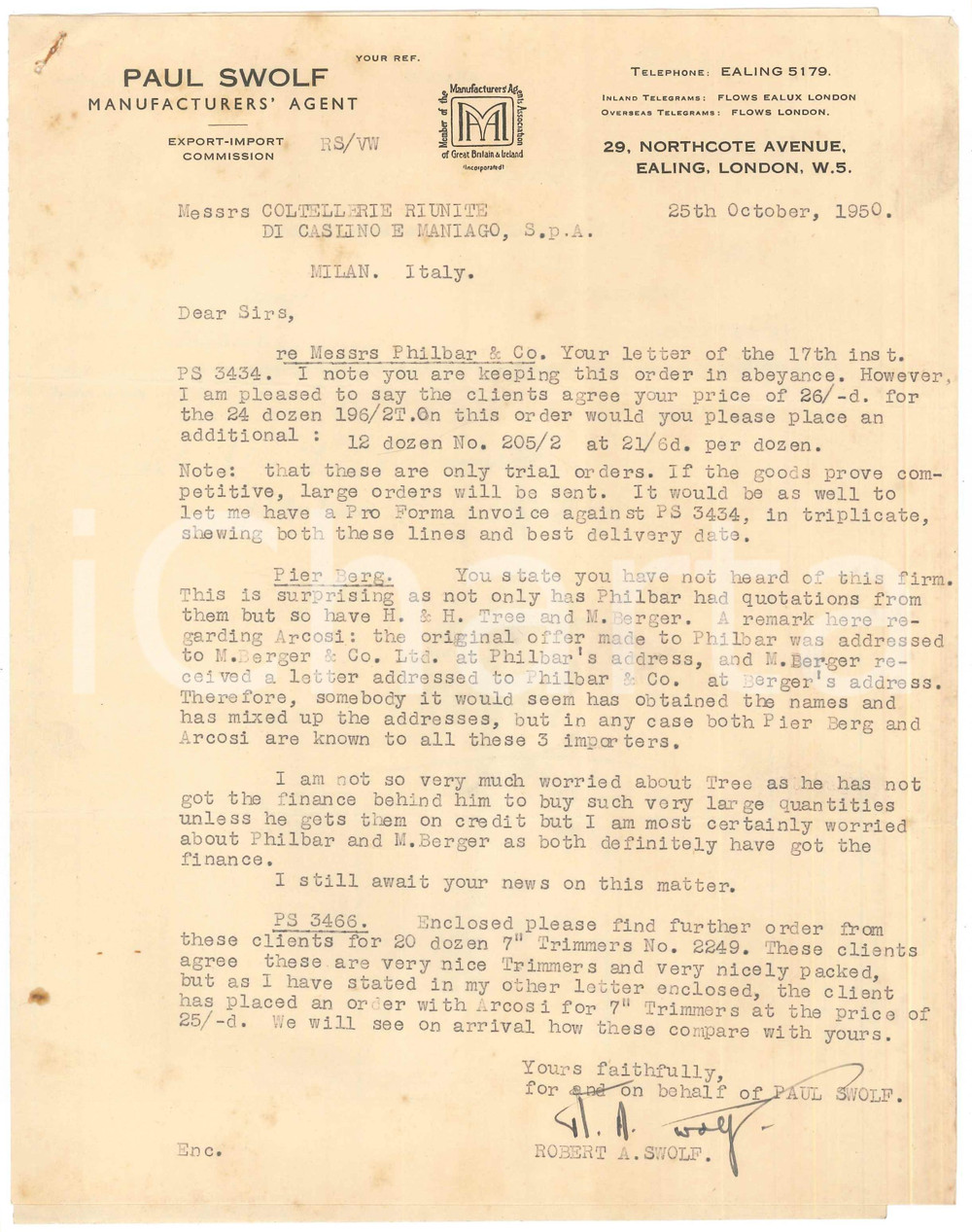 Documento originale, autentico 1950 LONDON Paul SWOLF Manufacturers  agent  Lettera per rasoi CORICAMA 1