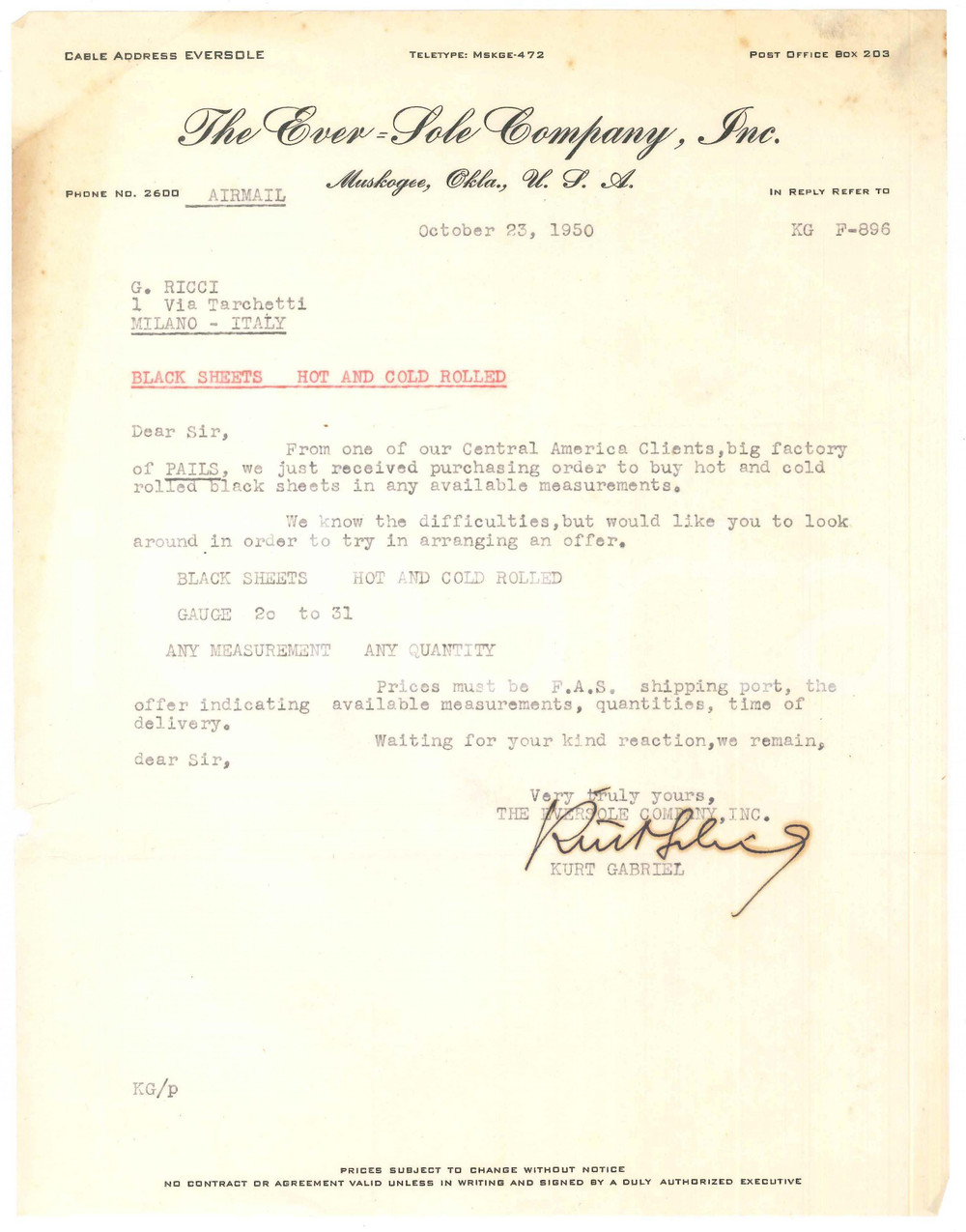 Documento originale, autentico 1950 MUSKOGEE  OKLAHOMA The Eversole Company  Lettera commerciale 21x28 cm 1 1
