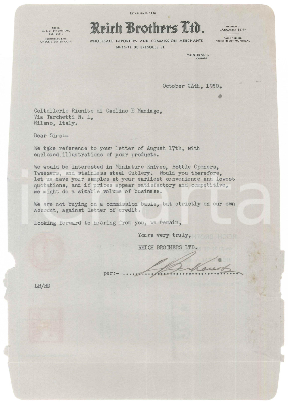 Documento originale, autentico 1950 MONTREAL Reich Brothers Ltd.  Lettera per coltelli e cavatappi CORICAMA 1
