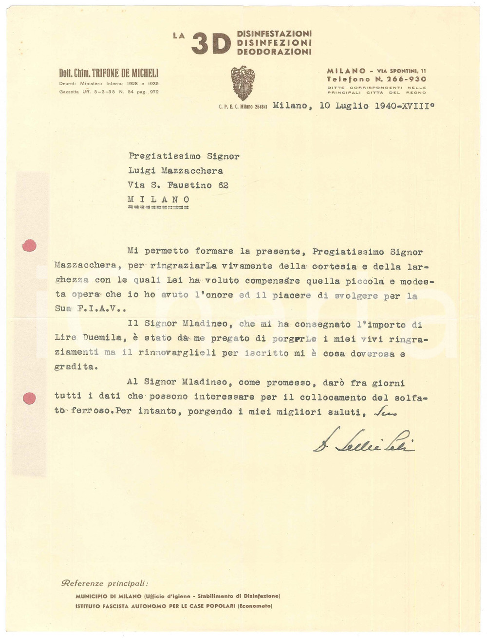 Manoscritto, lettera originale 1940 MILANO Lettera Trifone DE MICHELI  Ditta 3D Disinfestazioni Autografo 1