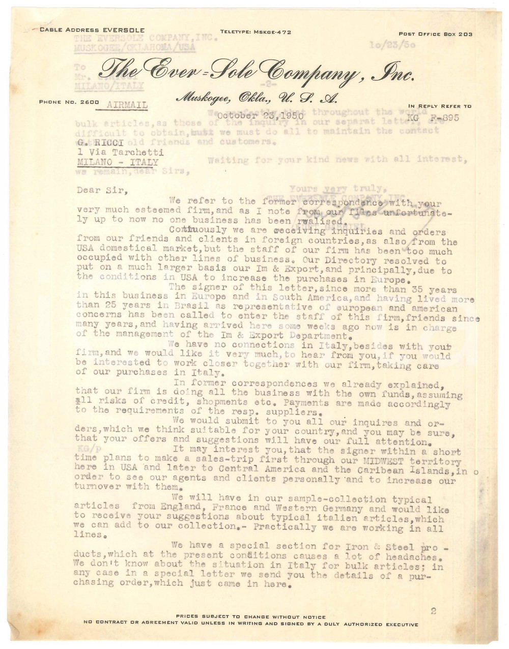 Documento originale, autentico 1950 MUSKOGEE  OKLAHOMA The Eversole Company  Lettera commerciale 21x28 cm 1